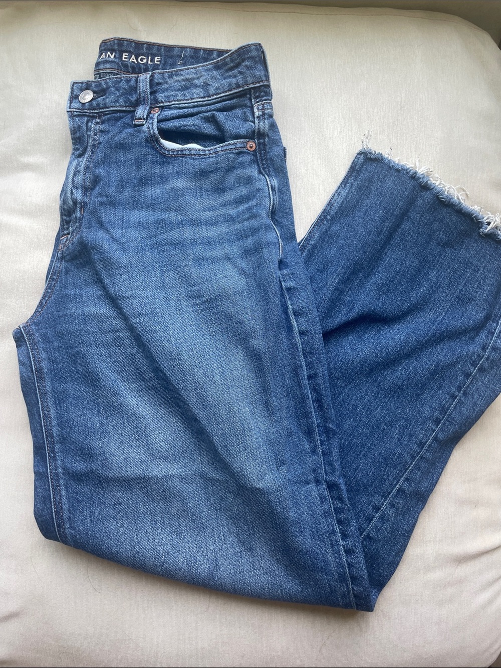 American Eagle Outfitters Mid Blue Baggy Wide Leg Jeans with Frayed Hem